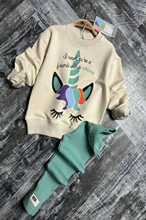 Unicorn Desenli Kız Çocuk Yeşil Renk Taytlı Takım