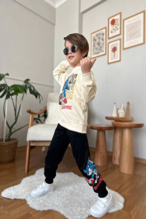 Sonic Desenli Krem Renk Erkek Çocuk Eşofman Takım