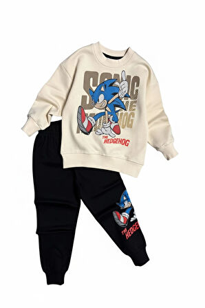 Sonic Desenli Krem Renk Erkek Çocuk Eşofman Takım