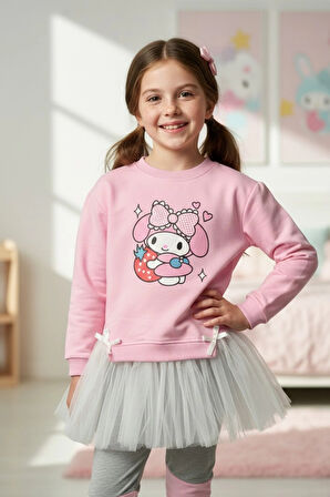 Kuromi Desenli Tütü Detaylı Pembe Renk Kız Çocuk Taytlı Takım