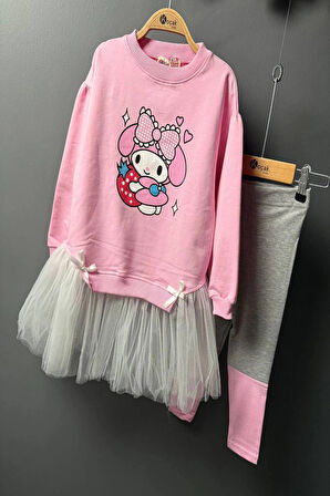 Kuromi Desenli Tütü Detaylı Pembe Renk Kız Çocuk Taytlı Takım
