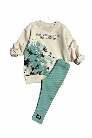 Çiçek Desenli Fitilli Taytlı Yeşil Renk Kız Çocuk Takım