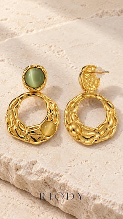 RiODY Sauge d’Or Gold Renkli Adaçayı Yeşili Kedi Gözü Görünümlü Kadın Küpe