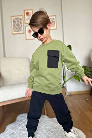 Cep Detaylı Erkek Çocuk Yeşil Renk Eşofman Takım