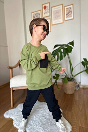 Cep Detaylı Erkek Çocuk Yeşil Renk Eşofman Takım