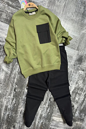 Cep Detaylı Erkek Çocuk Yeşil Renk Eşofman Takım