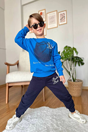 Basketball Yazı Desenli Mavi Renk Erkek Çocuk Eşofman Takımı