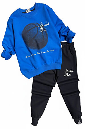 Basketball Yazı Desenli Mavi Renk Erkek Çocuk Eşofman Takımı