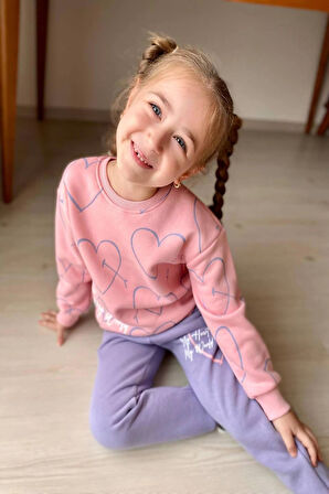 Kalp Desenli Pembe Renk 3 İplik Kız Çocuk Takım