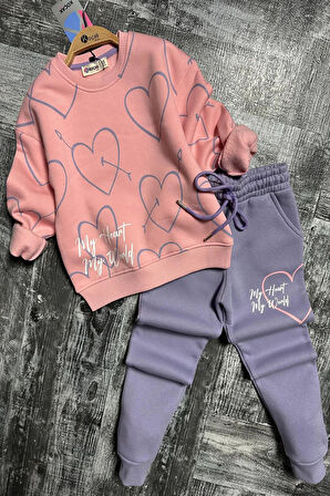 Kalp Desenli Pembe Renk 3 İplik Kız Çocuk Takım