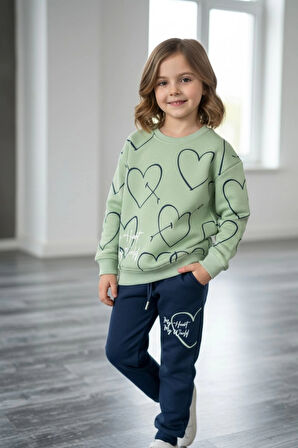 Kalp Desenli Yeşil Renk 3 İplik Kız Çocuk Takım