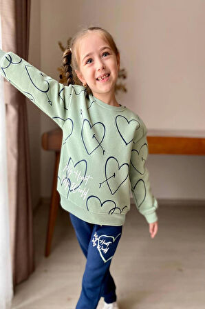 Kalp Desenli Yeşil Renk 3 İplik Kız Çocuk Takım