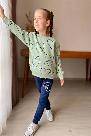 Kalp Desenli Yeşil Renk 3 İplik Kız Çocuk Takım