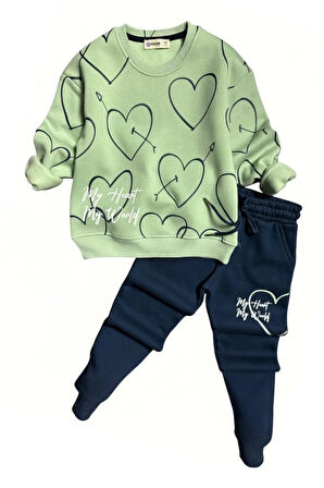 Kalp Desenli Yeşil Renk 3 İplik Kız Çocuk Takım