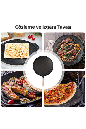 Çift Taraflı Granit Döküm Bazlama Gözleme Izgara Tava Sapı Çıkabilir Fırında Izgara Börek Tepsisi, Spatula Hediye