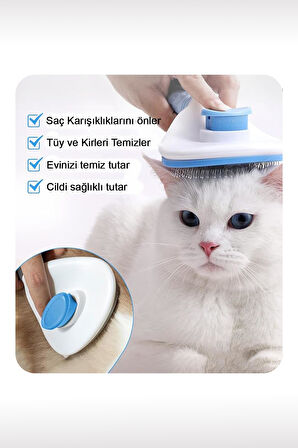 Otomatik Temizlenen Tuşlu Evcil Hayvan Fırçası Kedi Köpek Tüy Toplayıcı Tarak Mavi