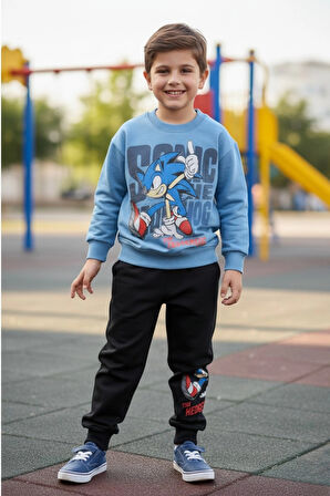 Sonic Desenli Mavi Renk Erkek Çocuk Eşofman Takım