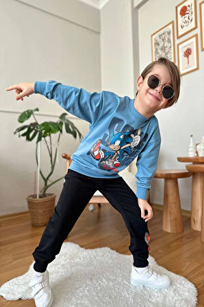 Sonic Desenli Mavi Renk Erkek Çocuk Eşofman Takım