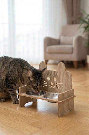 Ahşap Özel Isim Baskılı, Kulaklı Kedi Mama Su Kabı Standı