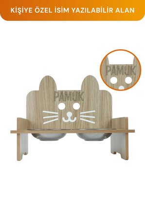Ahşap Özel Isim Baskılı, Kulaklı Kedi Mama Su Kabı Standı