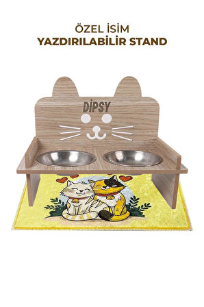 Ahşap Özel Isim Baskılı, Kulaklı Kedi Mama Su Kabı Standı