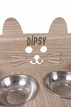 Ahşap Özel Isim Baskılı, Kulaklı Kedi Mama Su Kabı Standı