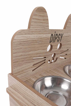 Ahşap Özel Isim Baskılı, Kulaklı Kedi Mama Su Kabı Standı