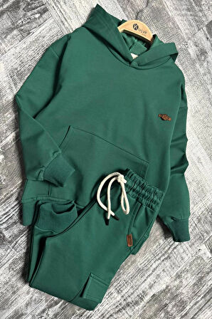 Kapüşonlu ve Kanguru Cepli Yeşil Renk Erkek Çocuk Eşofman Takım