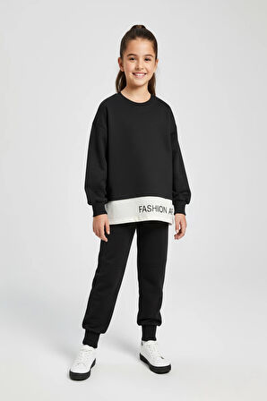 Yazı Detaylı Tarz Siyah Renk Kız Çocuk Takım