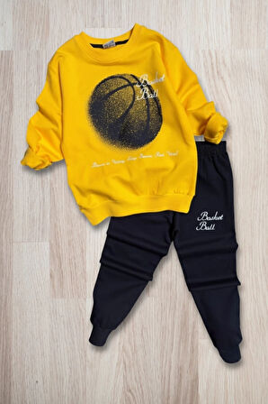 Basketball Yazı Desenli Sarı Renk Erkek Çocuk Eşofman Takımı