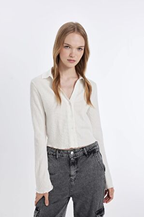 DeFacto Coool Fitted Basic Düz Düğmeli Uzun Kollu Crop Beyaz Gömlek A0012AX24AUWT32