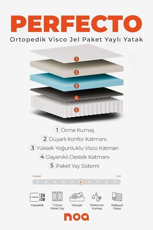 Noa Yatak  PERFECTO ViscoJel Teknolojili Antistatik Örme Kumaşlı Ultra Ortopedik Omurga Dostu Paket Yaylı Yatak 90x200