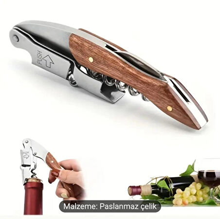 Tirbuşon Ahşap Saplı Paslanmaz Çelik