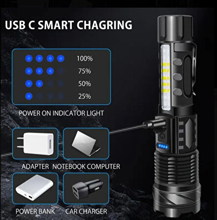 USB Şarjlı El Tipi LED Feneri Teleskobik Yakınlaştırma Acil Durum El Feneri