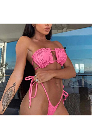 Brezilya Model Büzgülü Bağlamalı Bikini Takım