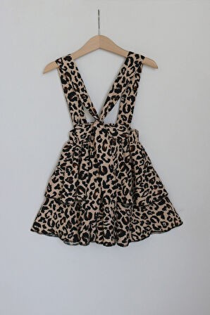 Kız Çocuk Helen Leopar Askılı Kat Kat Bağlama 23 Nisan Jile Elbise