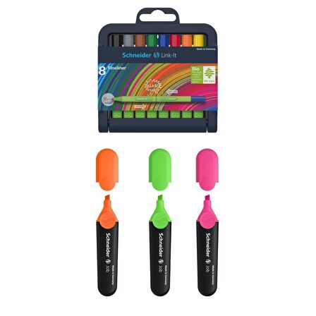 Schneider Link-It Bio-Plastik Fineliner 0.4 mm. 8 Renk Yarım Boy + Job Fosforlu Kalem 3'LÜ Set : 2