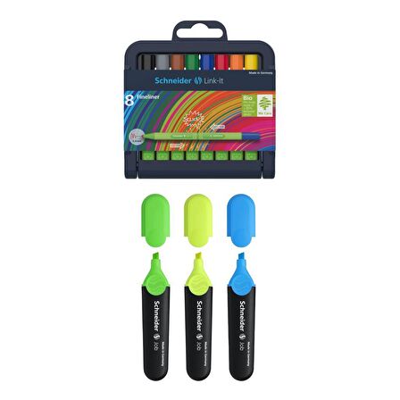 Schneider Link-It Bio-Plastik Fineliner 0.4 mm. 8 Renk Yarım Boy + Job Fosforlu Kalem 3'LÜ