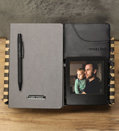 Kişiye Özel Defter & Kişiye Özel Metal Tükenmez Kalem & Kişiye Özel İnstagram Çerçeve & Erkek Cüzdan Hediye Seti