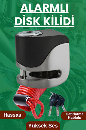 Armor 120 Desibel Alarmlı Scooter Motosiklet Alarmlı Çelik Disk Kilidi 5,5mm Vespa Uyumlu Yüksek Sesli Ve Hatırlatma Kablolu