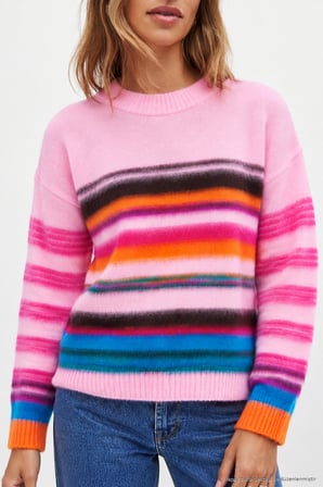 Layk Mayk Kadın Renkli Çizgili Yumoş Oversize Pembe Yün Kazak-00559467