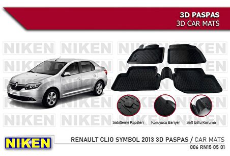 Renault Clio Symbol Havuzlu 3D Paspas Niken Siyah 2013+ Sonrası