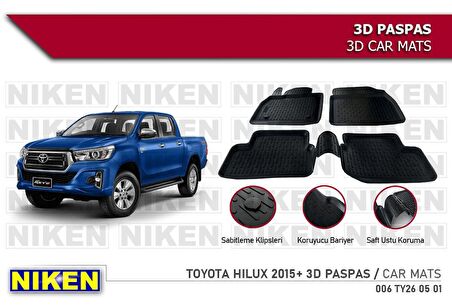 Toyota Hilux Havuzlu 3D Paspas Niken Siyah 2015+ Sonrası