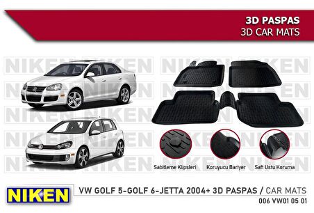 Volkswagen Golf 6 Havuzlu 3D Paspas Niken Siyah 2009+ Sonrası