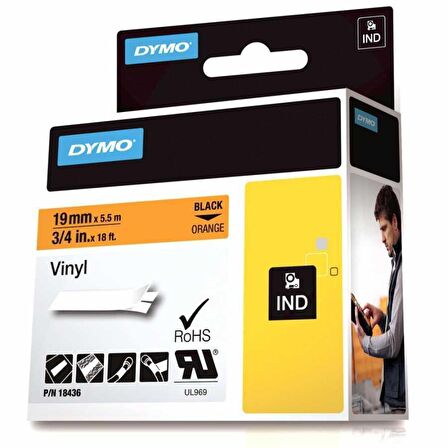 DYMO RhinoPRO 18436 Turuncu/Siyah Renkli Vinil Şerit 19 mm x 5,5 mt