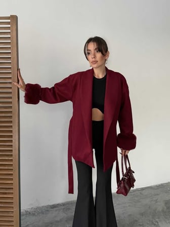 Kürk Detaylı Kemerli Kadın Ceket - Bordo