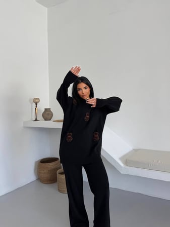 Siyah Ayıcık Desenli Oversize Triko Takım - Siyah