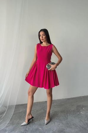 Fuşya Mini Boy Büzgülü Keten Elbise - Fuşya