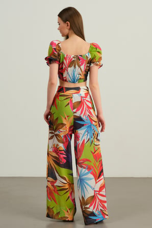 Tropikal Desenli Crop Bluz & Palazzo Pantolon Takım - Yeşil