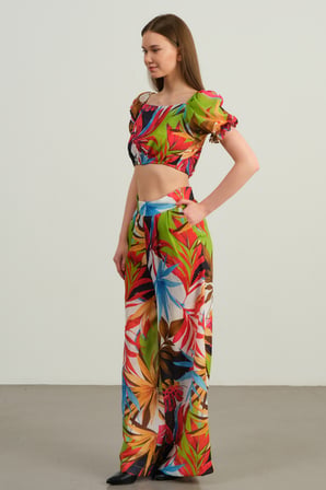 Tropikal Desenli Crop Bluz & Palazzo Pantolon Takım - Yeşil
